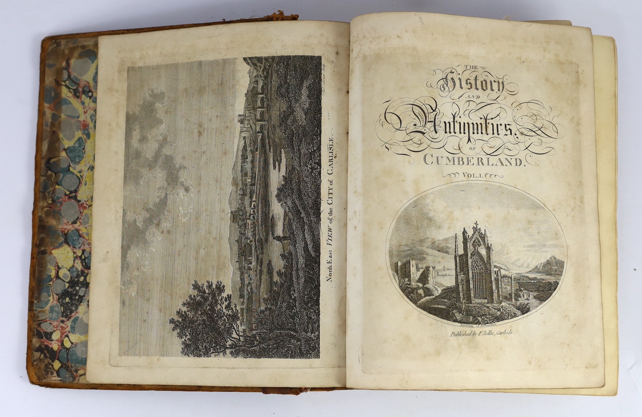 CUMBERLAND - Hutchinson, William - The History of the County of Cumberland and some Places Adjacent, 2 vols, 4to, calf, with frontis, 2 engraved titles, 50 plates and 2 folding maps, boards scuffed, gutters strengthened